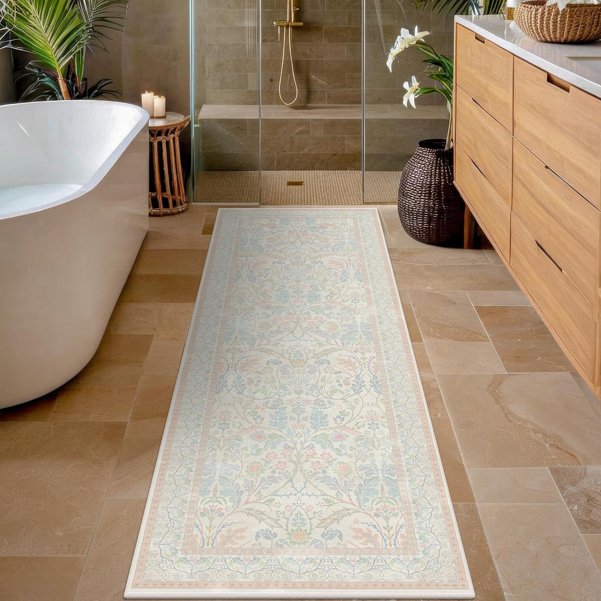Soft Washable Runner Rug 2x6 Non Slip for Girls Bedroom, Laundry Room Rug, Kitchen, Bathroom, Floral Light Pink and Blue Stain Resistant Floor Runner Carpet Low Pile with Rubber Backing