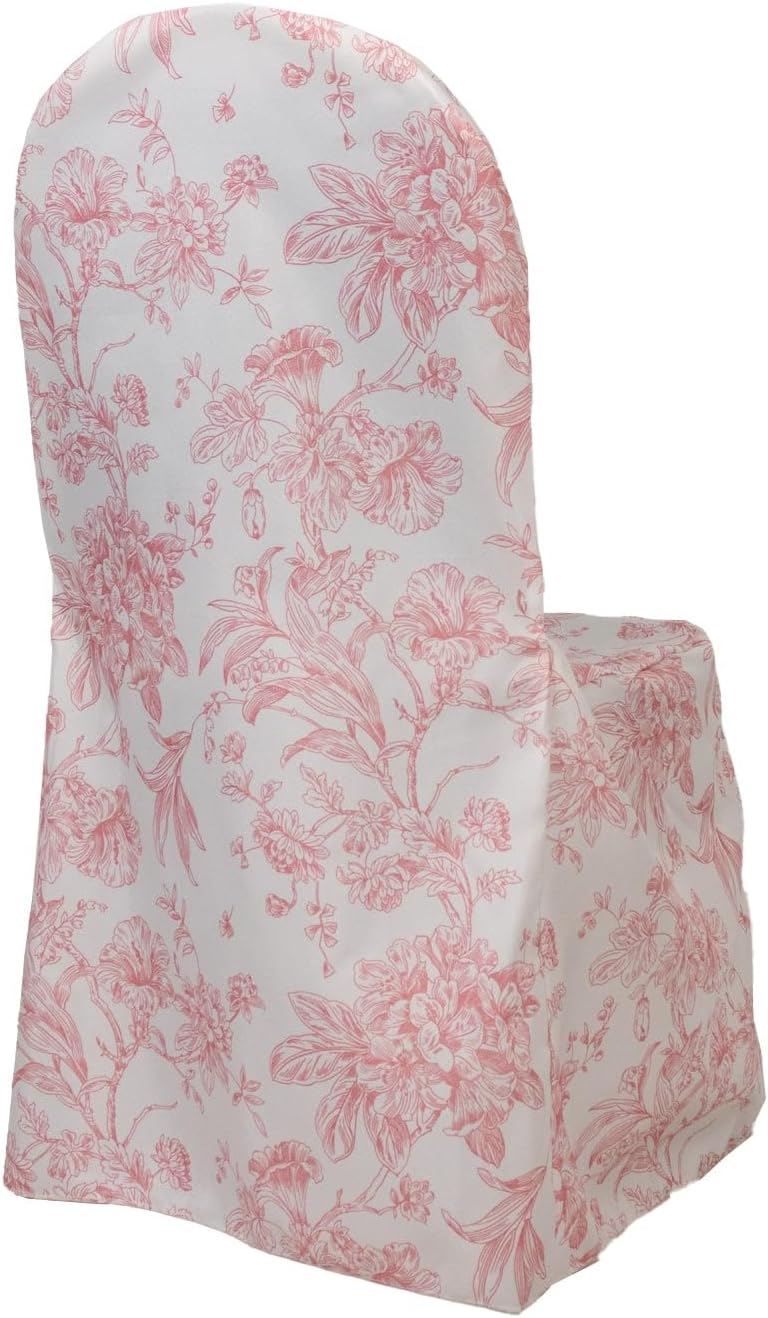10 Pack Polyester Banquet Chair Covers – White Pink French Toile Pattern, Reusable Stain-Resistant Slip-On Slipcovers