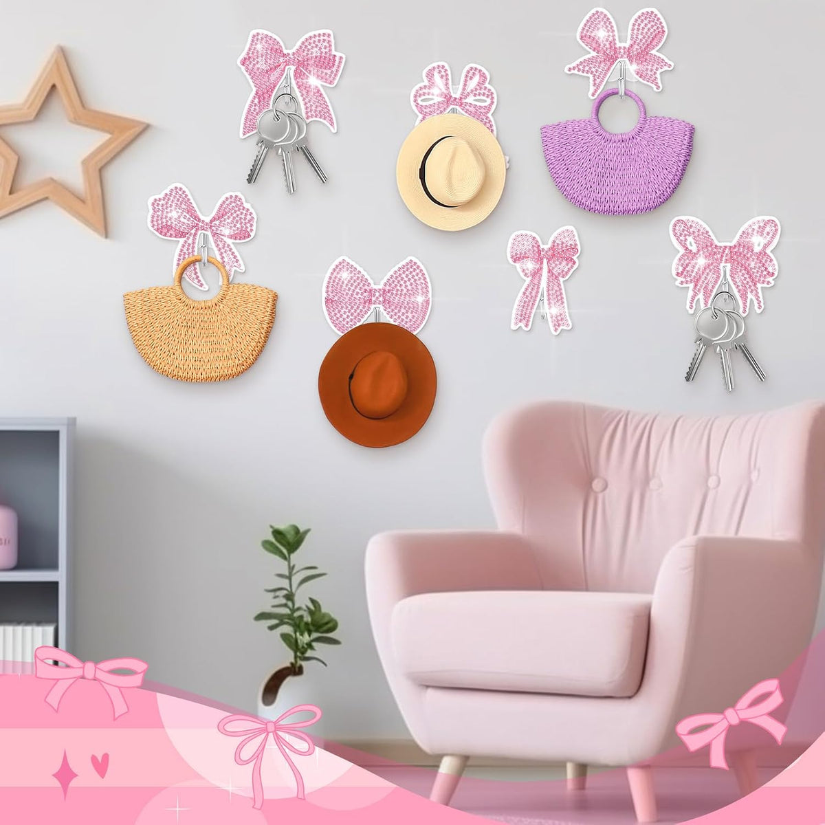 25 Pcs Pink Bow Diamond Painting Kits for Adults DIY Bowknot Diamond Art Painting Adhesive Hook Key Holder Rhinestone Dot Gem Coquette Art Kits Wall Hooks for Towel Hat Kitchen Decoration