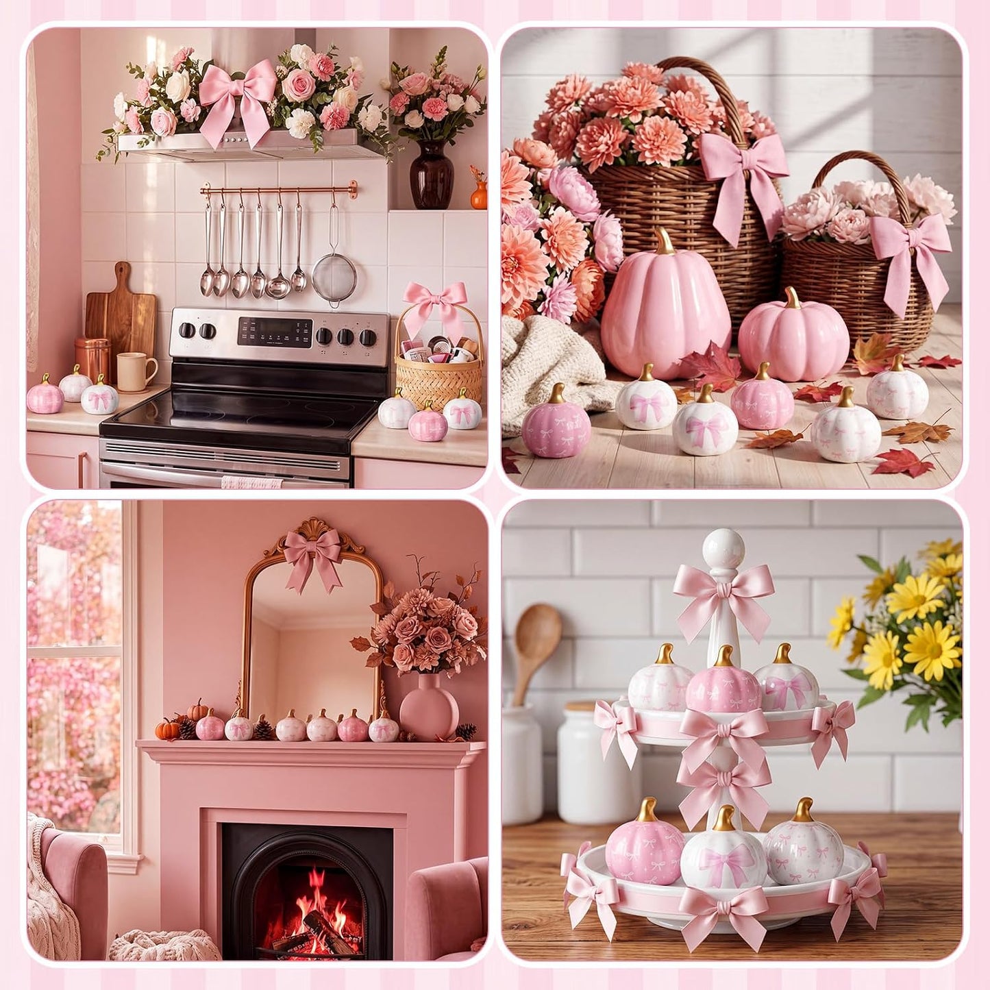 6 Pcs Pink and White Bow Ceramic Pumpkins Fall Table Decor