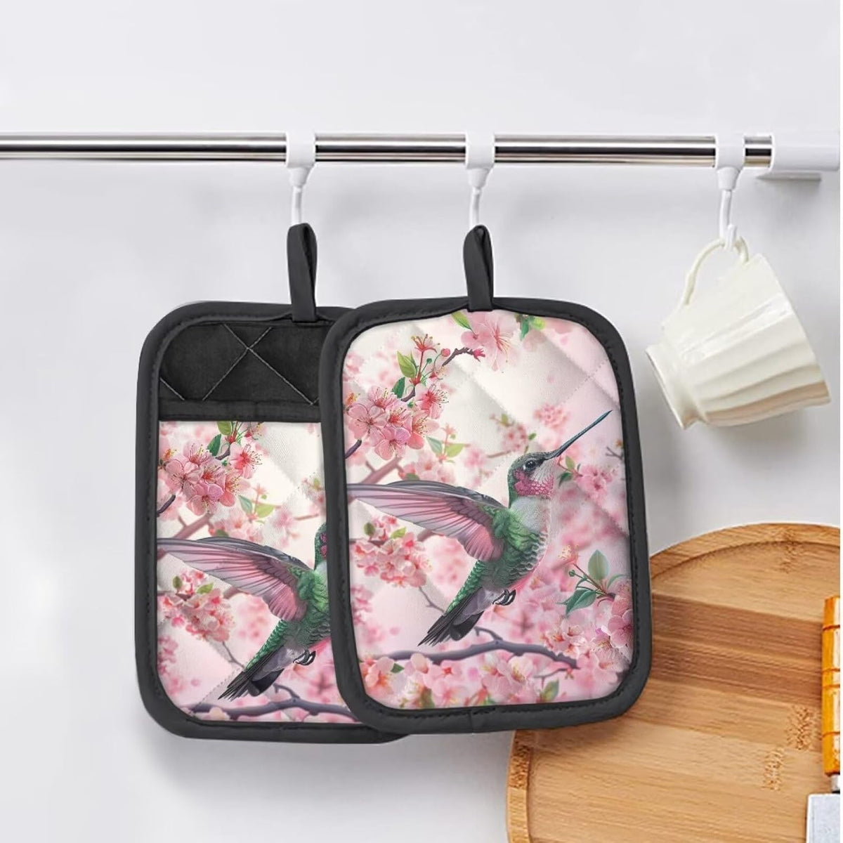 Hummingbird Pot Holders Non Slip Hot Pads Cherry Blossoms Cotton Potholders with Pocket Kitchen Heat Resistant Gloves Oven Mitts for Cooking Baking 2 Piece