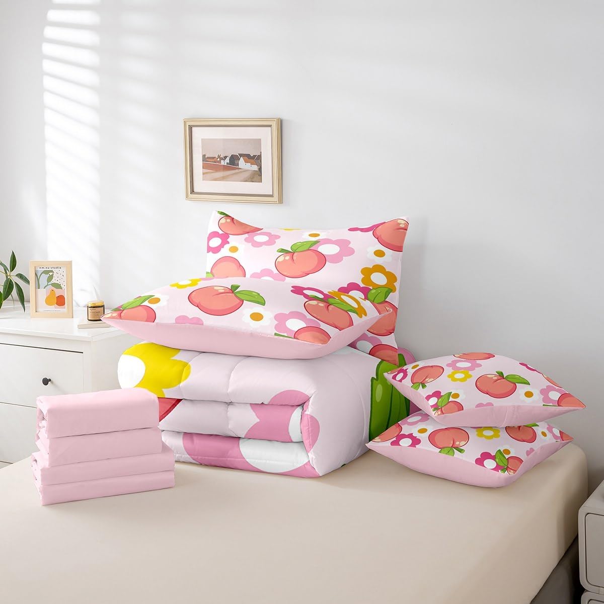 Fruit Comforter Set with Sheets King Size Kids Peach Bed in a Bag for Boys Girls Teens Baby Pink 7 Pieces Bedding Set