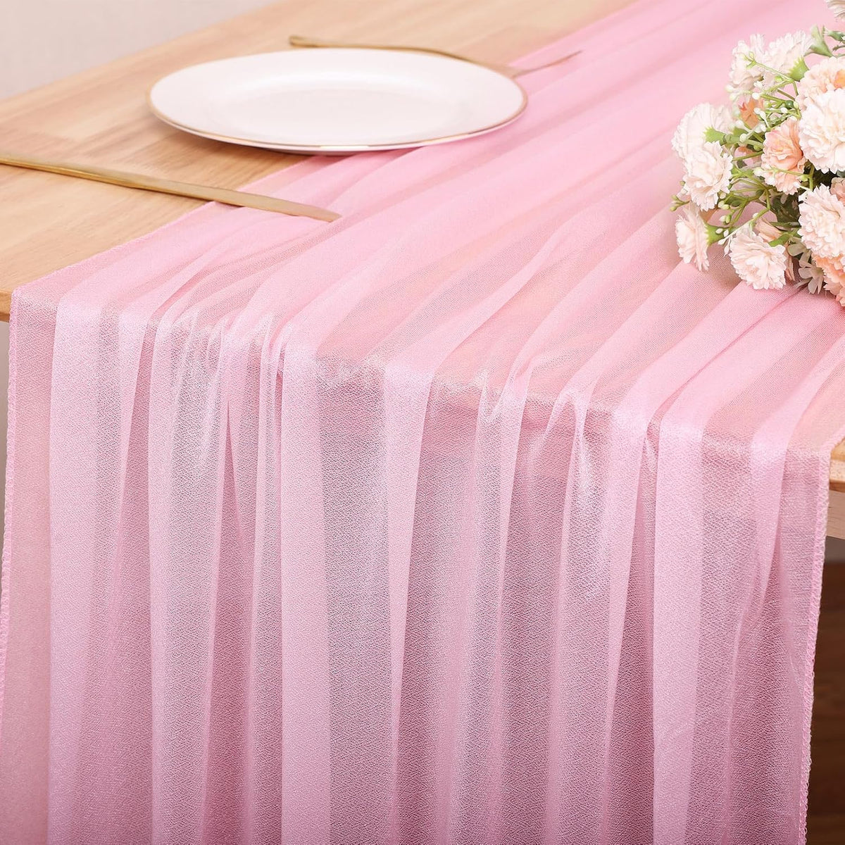 10FT Blushing Pink Chiffon Table Runner 30x120 Inches Spring Boho Sheer Fabric Table Runner for Wedding BridalShower Birthday Party Valentine's Day Decorations