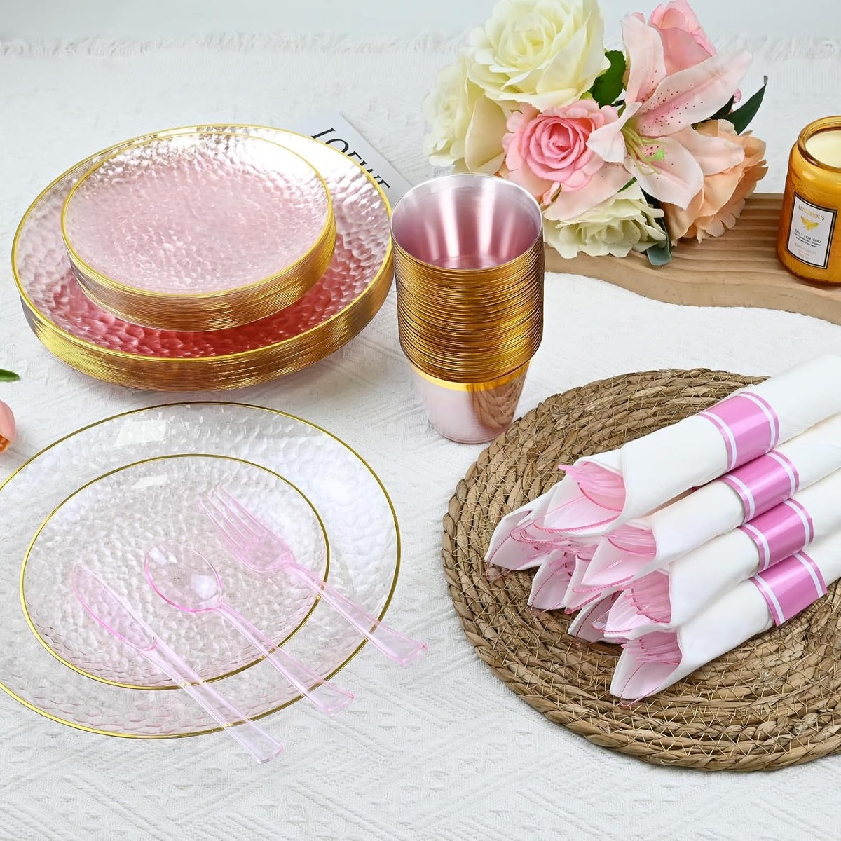 175PCS Gold and Pink Plastic Plate Set Clear Pink Disposable Plate