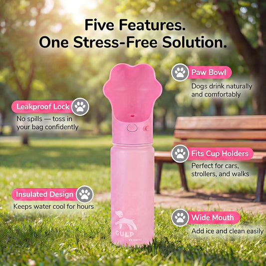 Gulp 18oz Dog Travel Water Bottle with Paw-Shaped Bowl - Insulated Stainless Steel, Leakproof & Portable with Carry Strap for Outdoor Walking, Hiking & Pet Hydration on-the-Go - Pink