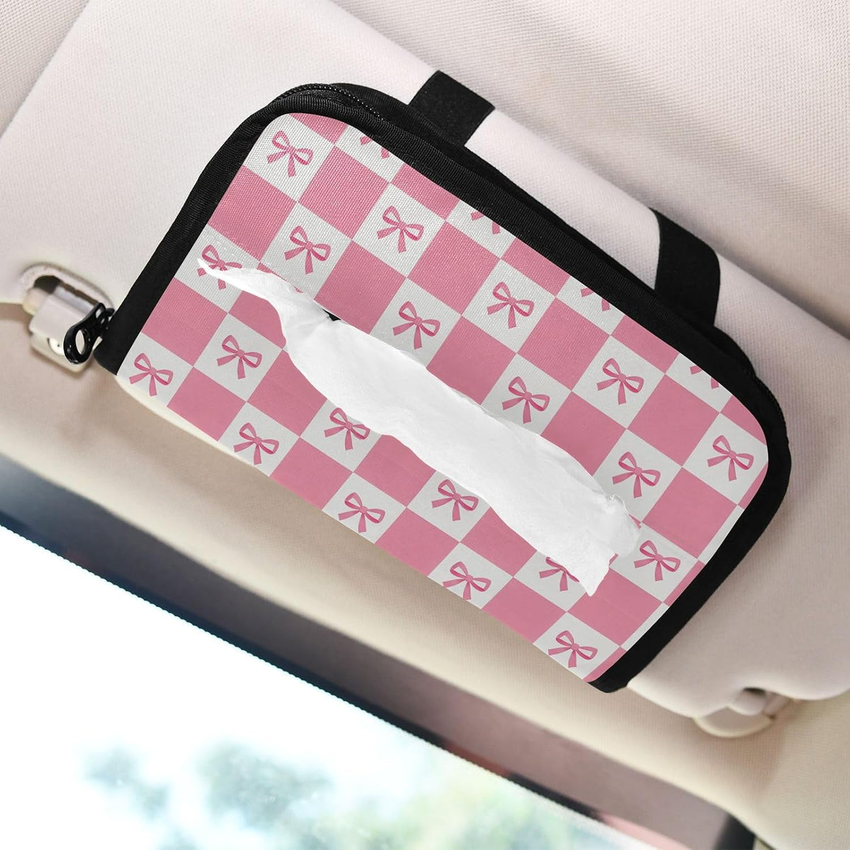 Car Tissue Holder Car Visor Organizer Tissue Box Holder for Car Sun Visor Organizer with Car Vehicle Accessories Essentials Interior for Women Men Pink Bows Checkerboard