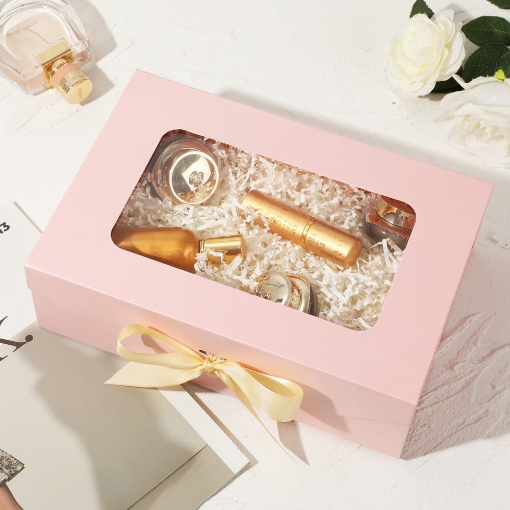 Pink Gift Box for Presents with Ribbon 10.8x7.5x3.5 Inches Clear Gift Box with Window Magnetic Closure Gift Boxes with Lids