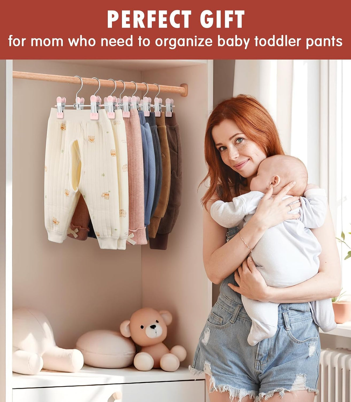 10 Pack Baby Pants Hangers with Clips, Toddler Non-Slip Space Saving Hangers for Pants, Skirts, Clothes - Baby Essentials Closet Organizer