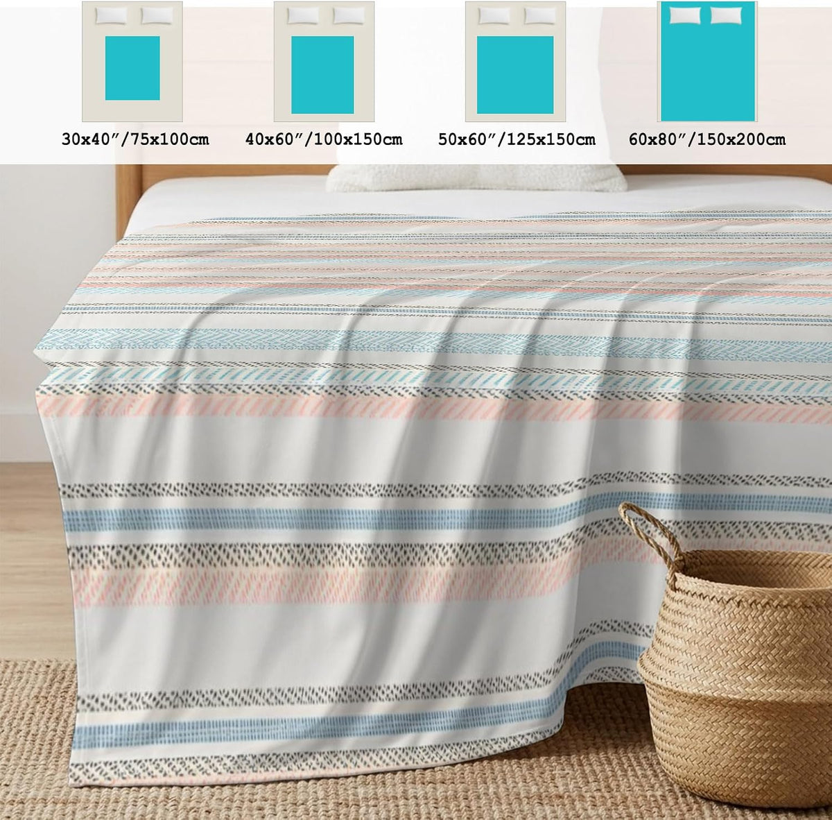 Cooling Blanket 30"x40", Watercolor Blue Pink Striped Summer Cooling Blanket Breathable Lightweight Ice Blankets Retro Lines Blankets for Night Sweats