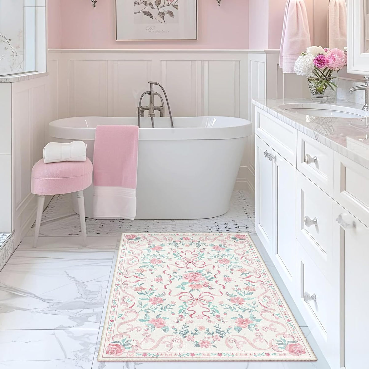 2'x3' Washable Pink Area Rug Floral Bow Small Rug with Rubber Back
