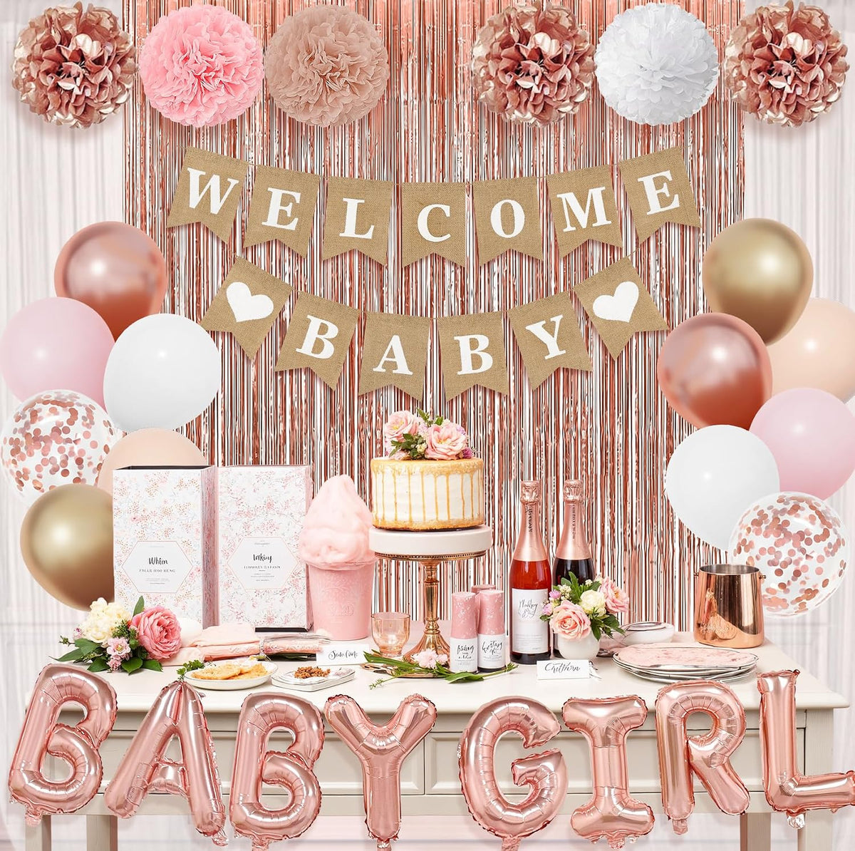 Rose Gold Baby Shower Decorations for Girls with Fringe Curtain