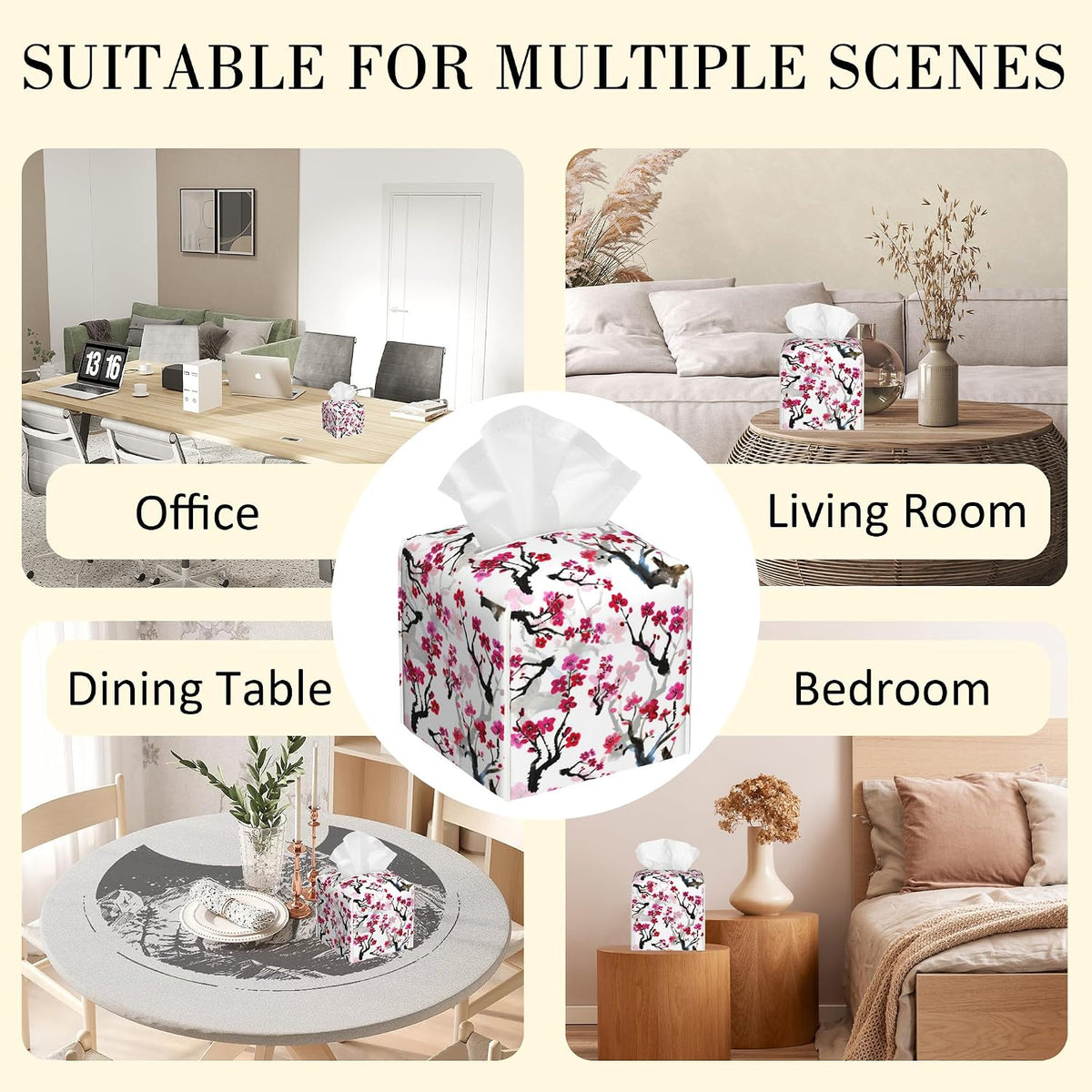 Leather Tissue Box Holder Pink Blooming Flowers Tissue Box Cover Square Waterproof Tissue Holder Organizer Modern Napkin Holder for Bedroom Dresser Night Stand Office Desk