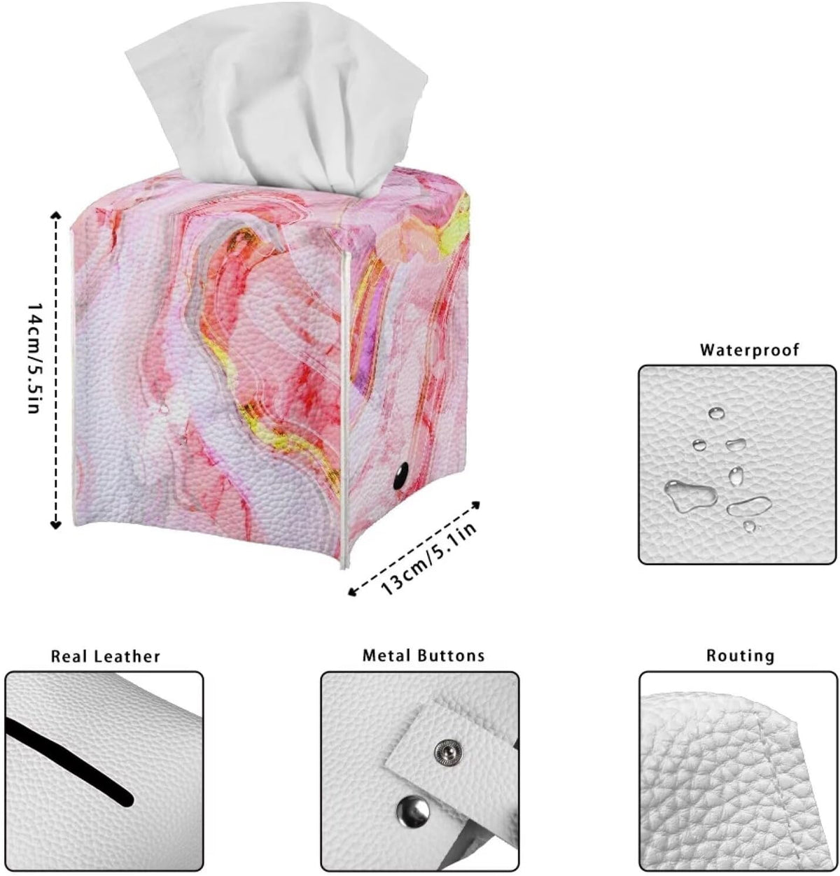 Pink Marble Print Tissue Box Cover PU Square Tissue Box Magic Sticker Custom Tissue Box Cover for Tabletop Bathroom Car Office Decoration 5.1 x 5.1 X 5.5 Inch