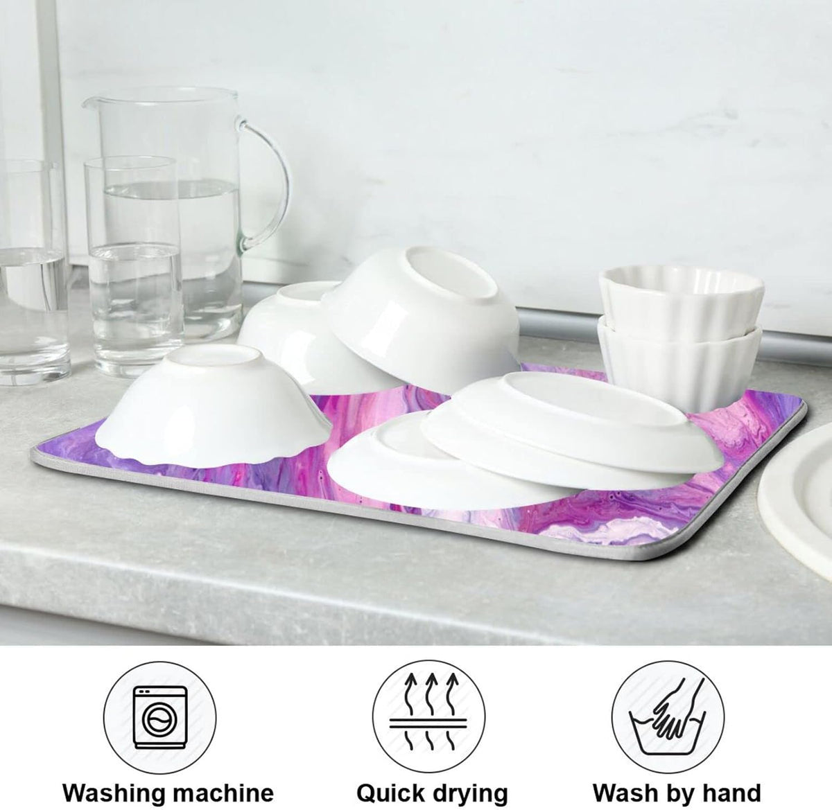 Super Absorbent Dish Drying Mat, Microfiber Fast-Drying Dish Mat, 16" x 18", Kitchen Dish Drying Pad, Abstract Purplr Pink Marble Paint