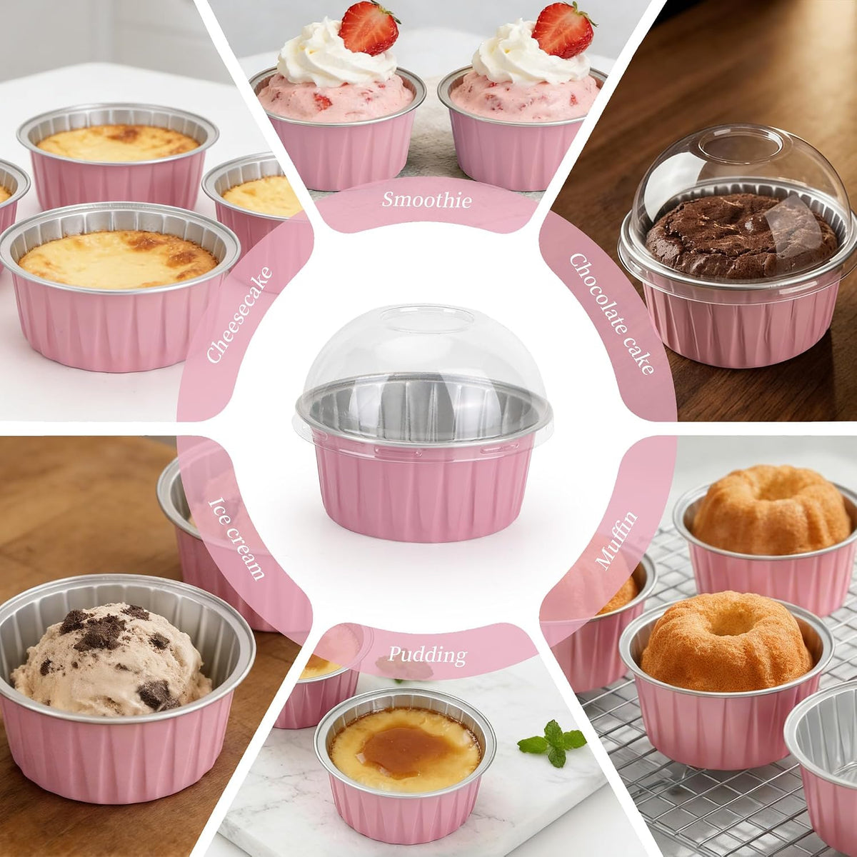 100-Pack 5 oz Pink Mini Cake Pans with Lids, Disposable Aluminum Foil Baking Cups, Muffin Tins, Ramekins for Cupcakes, Brownies, Flan, Pudding - Wedding, Birthday,Baby Shower, Princess Party