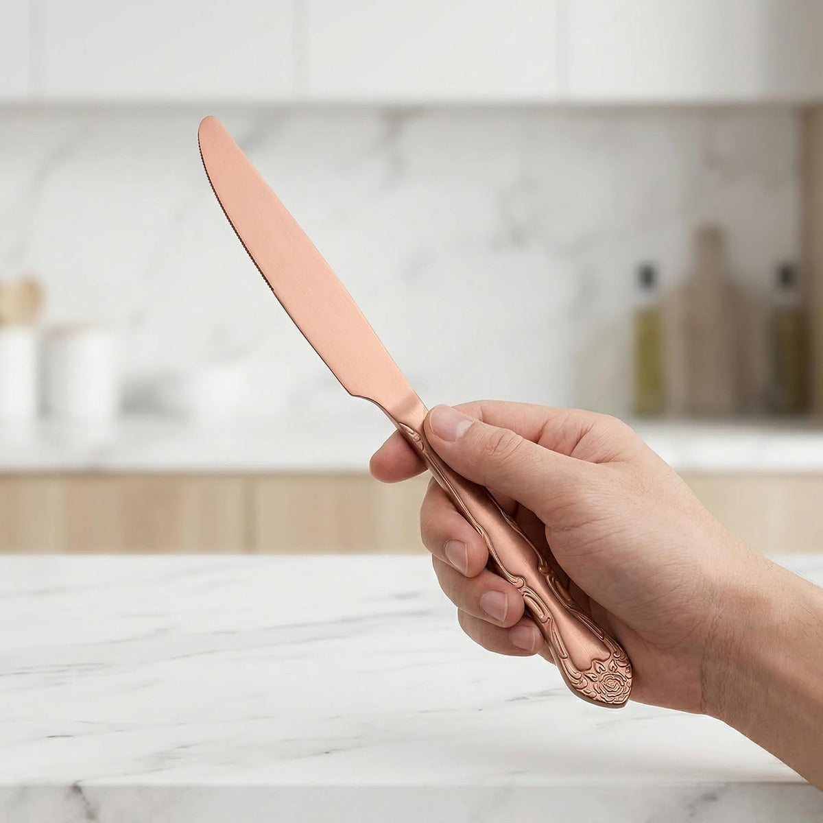 Matte Rose Gold Dinner Knives Set of 12, 9.3-Inch Stainless Steel Satin Finish Dinner Table Knife Set, Rose Pattern Design Heavy Duty Metal Knives, Dishwasher Safe for Home Restaurant