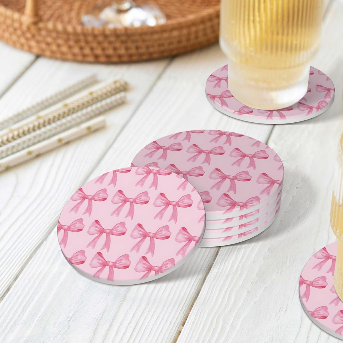 Absorbent Coasters for Drinks, Set of 4 Ceramic Cork Base Coasters Set Decorative 4.1""- Pink Bow, 123654