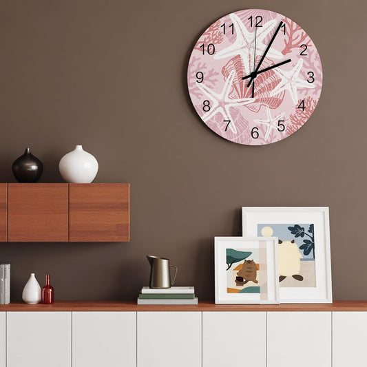 Pink Starfish Wall Clock Silent Non Ticking Coral Shell Ocean Vintage Coastal Large Wall Clocks Battery Operated Decor for Home Kitchen Living Room Bathroom Office School Bedroom, 11.8 Inch