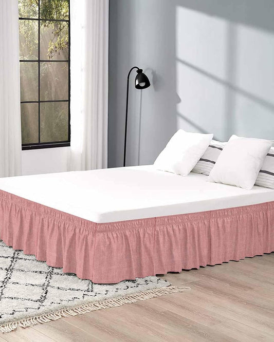 Vintage Peach Pink Bed Skirt Queen Size 16 Inch Drop, Adjustable Elastic Wrap Around Bed Skirts Easy Fitting Dust Ruffle Bedskirt Bed Frame Cover Farmhouse Retro Solid Color Linen Texture