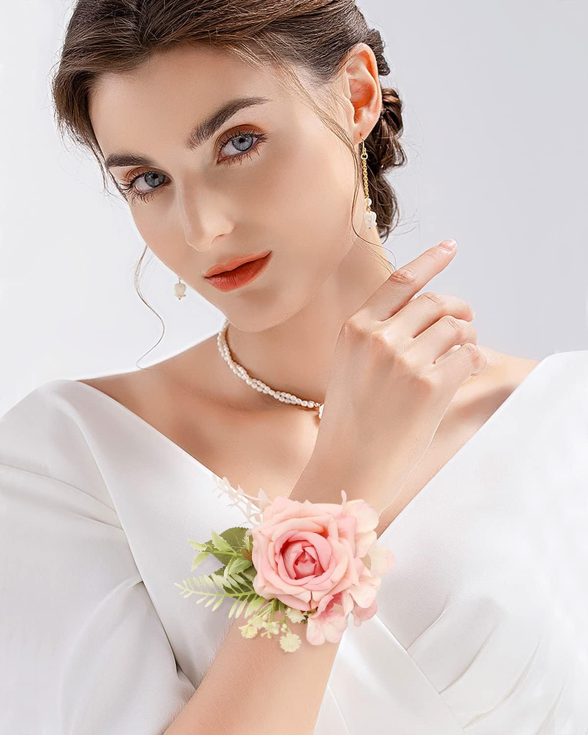 Ivory Rose Wrist Corsage and Boutonniere Set Artificial Men Corsage Wristlet Band Bracelet for White Wedding Flowers Ceremony Accessories Prom Suit Decorations (2, Pink)
