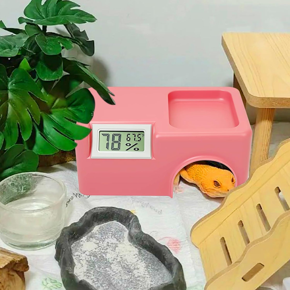Small Reptile Hide,Gecko Hide Cave,Humid Hideout for Reptiles,with Humidification Groove,Temperature and Humidity Monitor,for Leopard Geckos,Lizards,Frog,Cornsnake-Small,5.51''×3.54''×2.2'' (Pink)