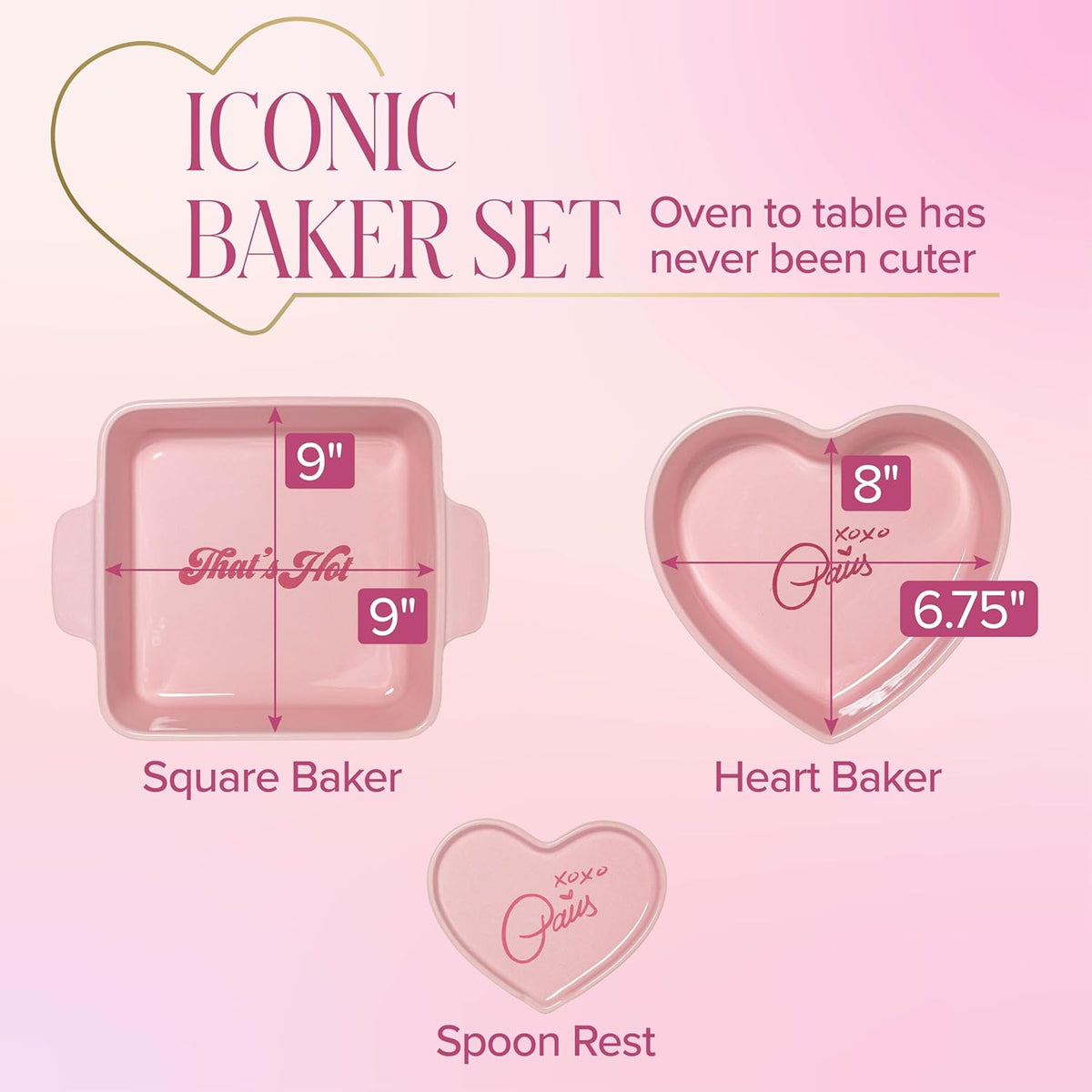 Paris Hilton 3-Piece Ceramic Baker Set, Iconic Stoneware with Square & Heart Bakers and Spoon Rest, Microwave/Oven/Freezer Safe, Durable Bakeware for Everyday Cooking & Serving, Pink