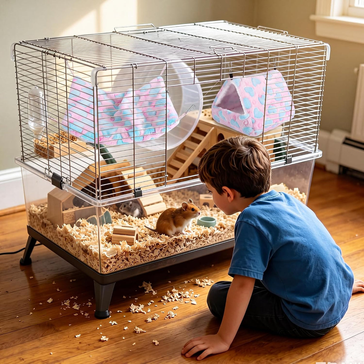 4 Pieces Small Pets Cage Accessories Hanging Hammock Sleeping Bag Tunnel and Bed Hideout Set Warm Sleep Nap Sack Bed for Hamster Ferret Squirrel Rabbit, Pink Hearts