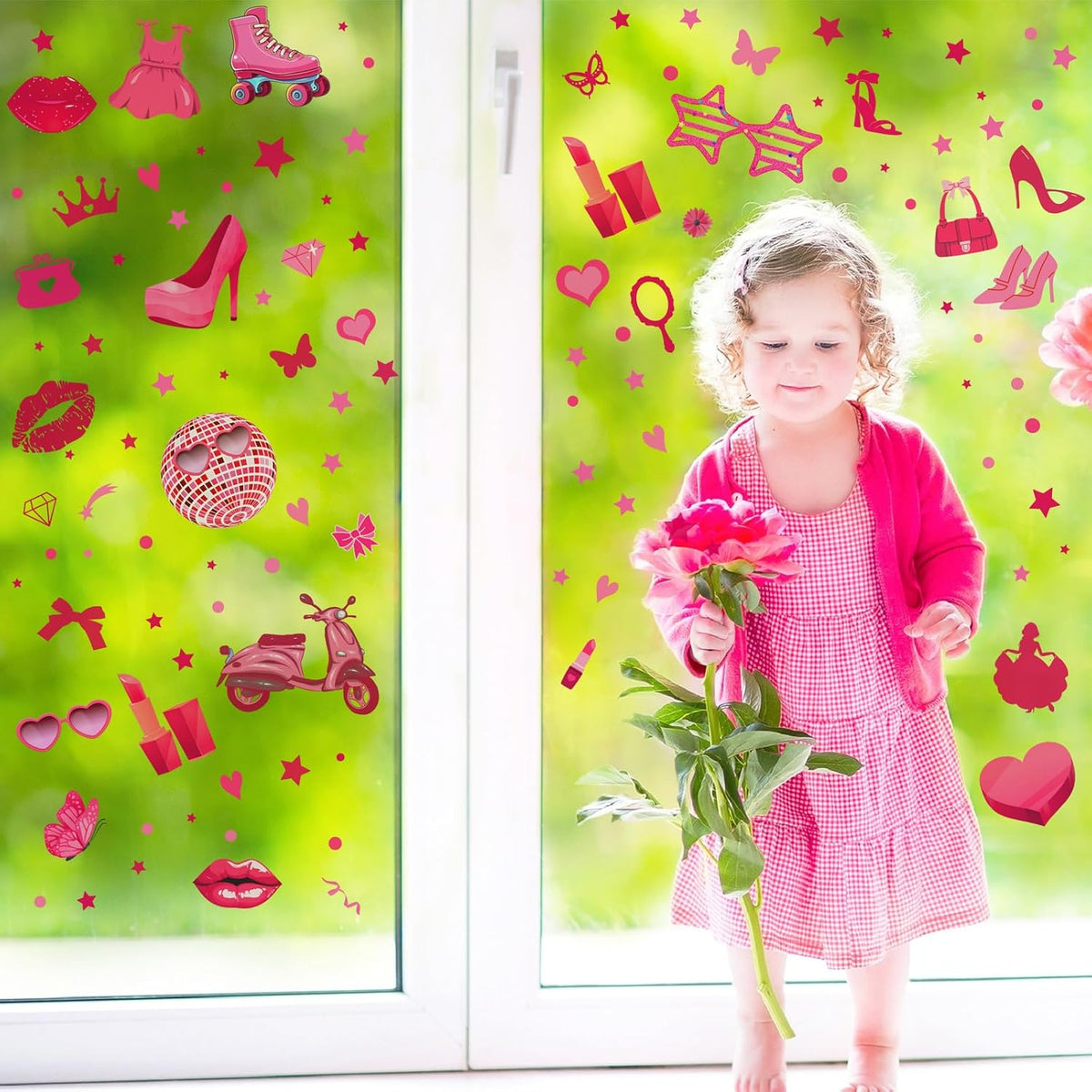116 Pcs Hot Pink Girl Wall Stickers, Princess Doll Lip Heart Room Decor for Girls Bedroom, Removable Pink Wall Decor, Pink Girls Decorations Decals Sticker, 11.4 x 8.3 Inch, 6 Sheets