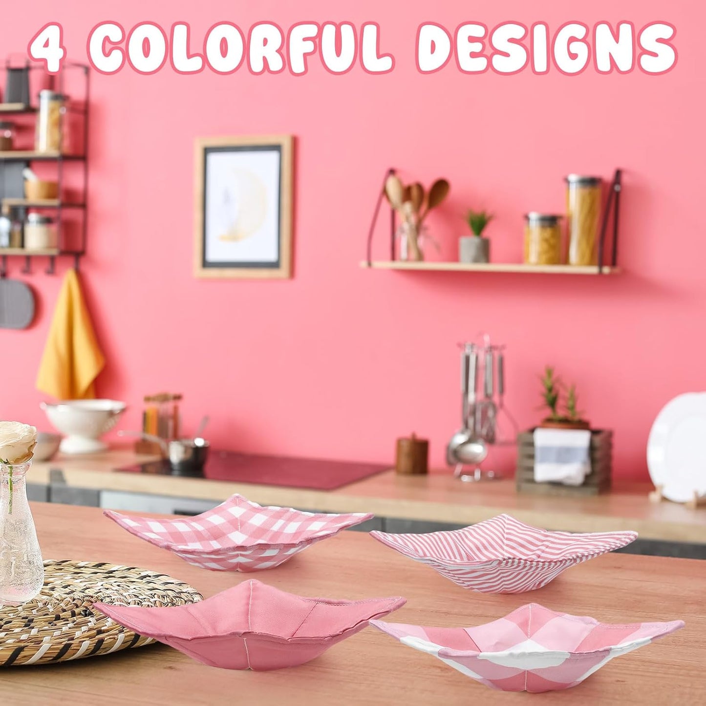 4 Pcs Pink Plaid Cotton Microwave Bowl Cozy Holders for Hot Food Hot Pad Soup Bowl Potholder Heat Resistant Multipurpose Quilted Safe Holder for Kitchen Plate Supply Pink, White
