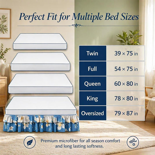 3-Piece Ruffled Bed Skirt Set with Floral Print, Elegant Soft Microfiber Bedding Sheet Double Layer Ruffles Set with 1 Bed Skirt 2 Pillowcases Bedroom Decor for Various Bed Types (Pink,39 * 75in)