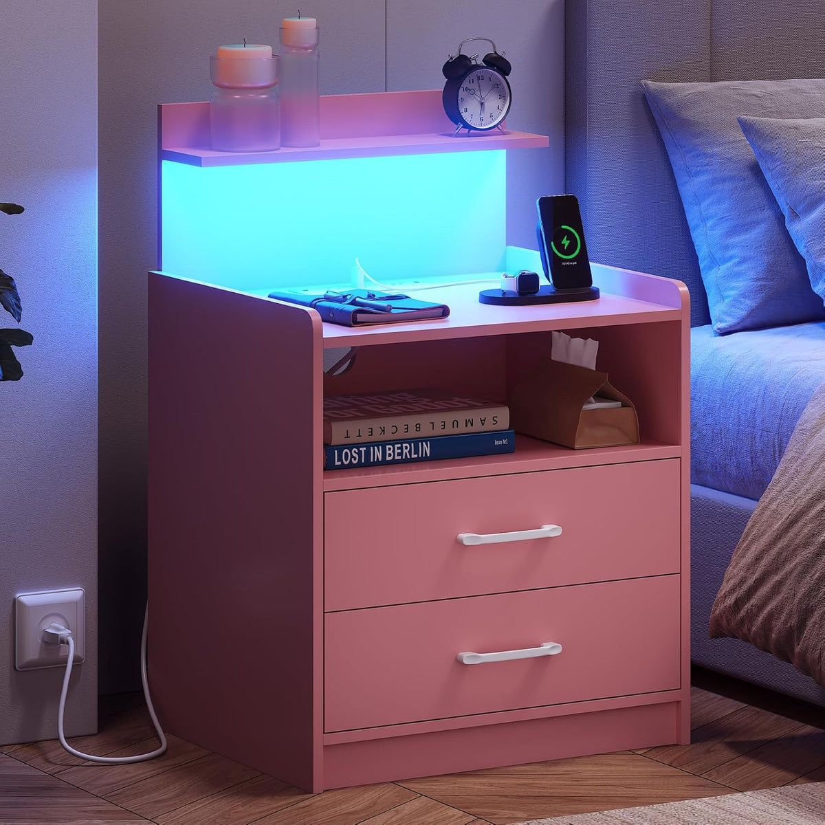 LED Nightstand with Charging Station, Night Stand with 2 Drawers and Open Storage, Bedside Table with LED Lights, Modern End Table with USB Ports Outlets, Pink