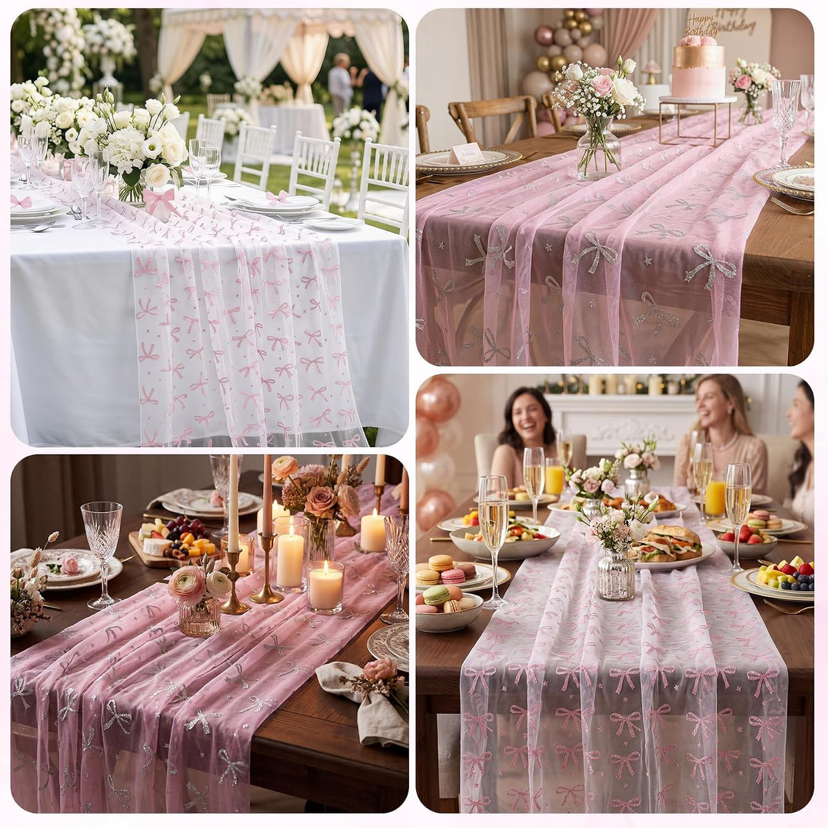 2 Pcs Pink Bow Table Runners 120 Inch 10FT Tulle Lace Table Runner