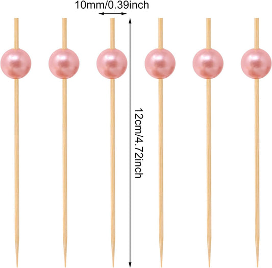 100PCS Pink Pearl Bamboo Cocktail Picks Fruit Food Hamburger Toothpicks Cupcake Toppers Sandwich Appetizer Decorative Skewers Drink Garnish Holiday Birthday Party Decoration Sticks