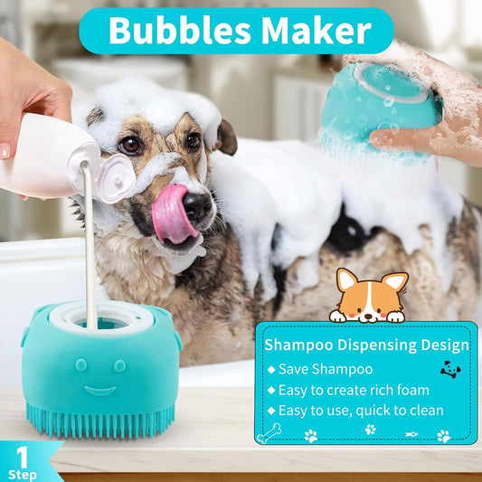3-in-1 Dog Grooming Brush | Adjustable Handle Shampoo Brush & Scrubber for Short & Long Haired Dogs & Cats (Blue Pink Blue)