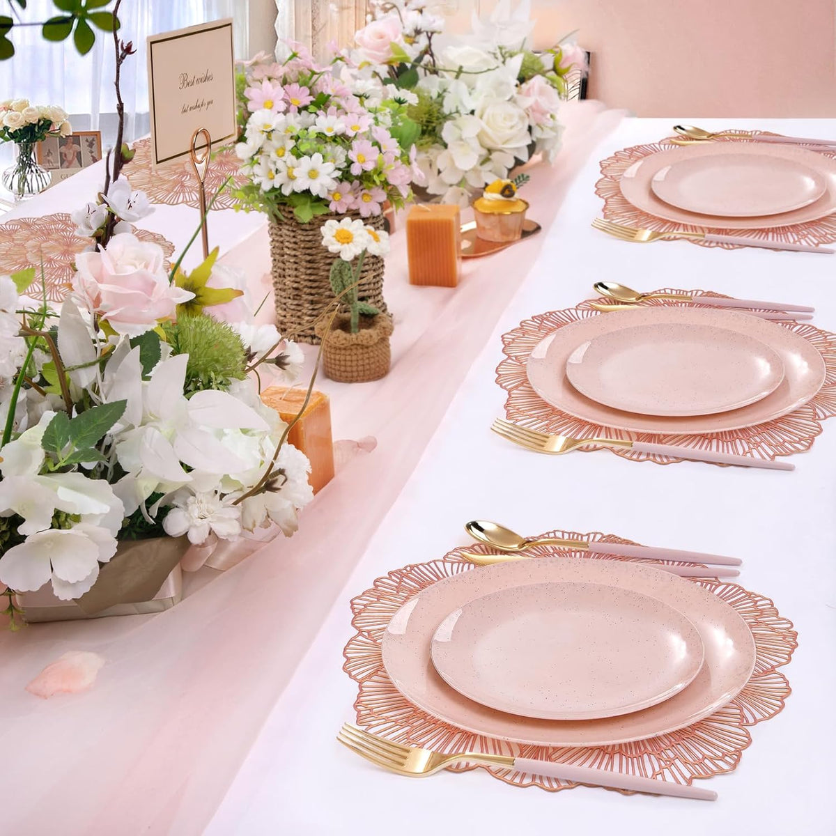 Round Rose Gold Placemats Set of 4 Tablemats Flower Vinyl Place Mats Table Setting Kitchen Table Mats for Dining Table Holiday Wedding Decorative