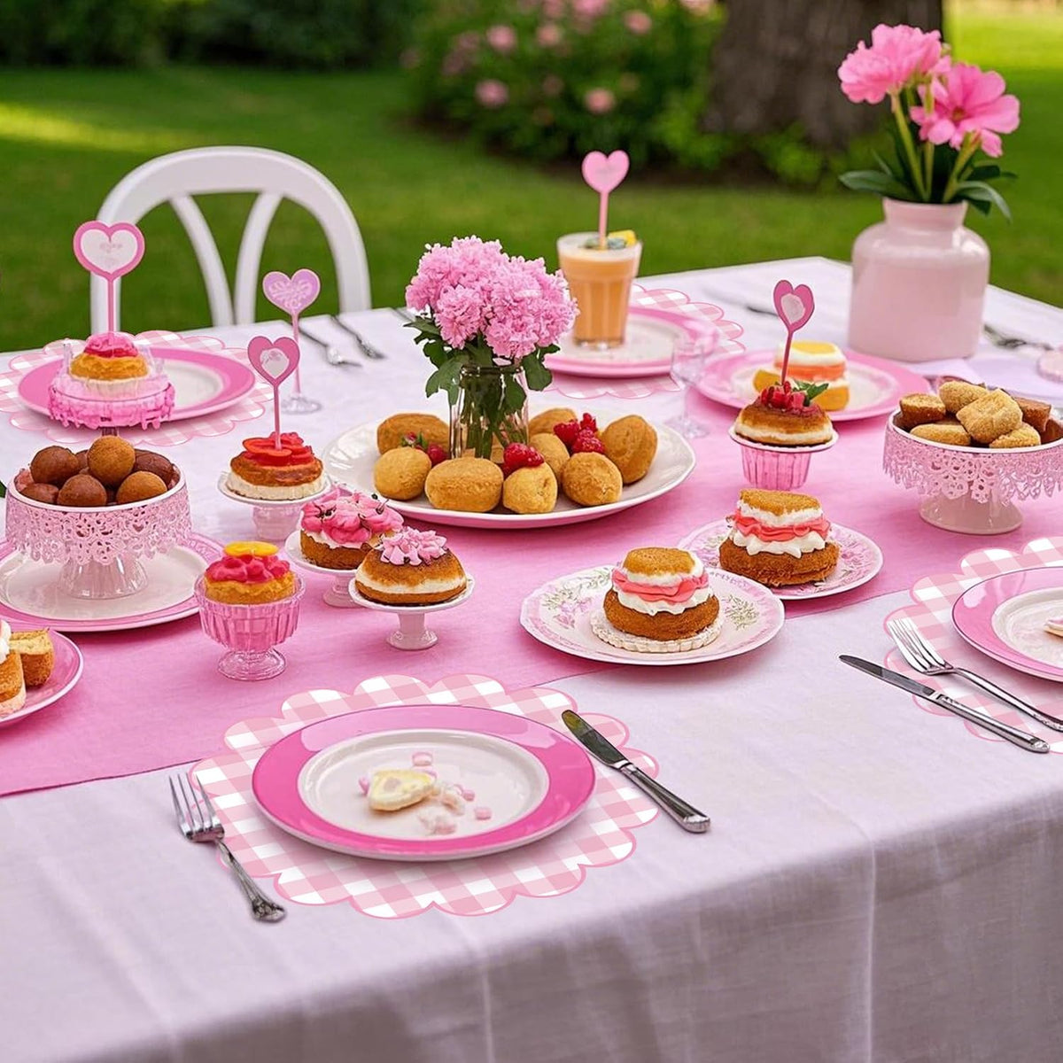 100 Pcs Checkered Paper Placemats Pink Gingham Place Mats 13.5 Inch Disposable Round Decorative Dining Table Mat with Scalloped Edge Paper Cutouts Decor for Picnic BBQ Table Party Supplies
