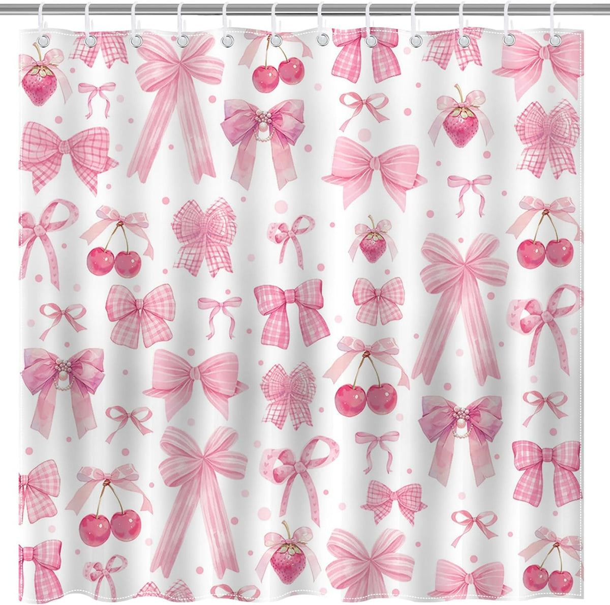 Pink Bow Shower Curtain Valentines Pink Bow Cherry Strawberry Bathroom Shower Curtain Cute Pink Bow Aesthetic Waterproof Fabric Shower Curtain Bathtub Decor with 12 Hooks 72 X 72 inch