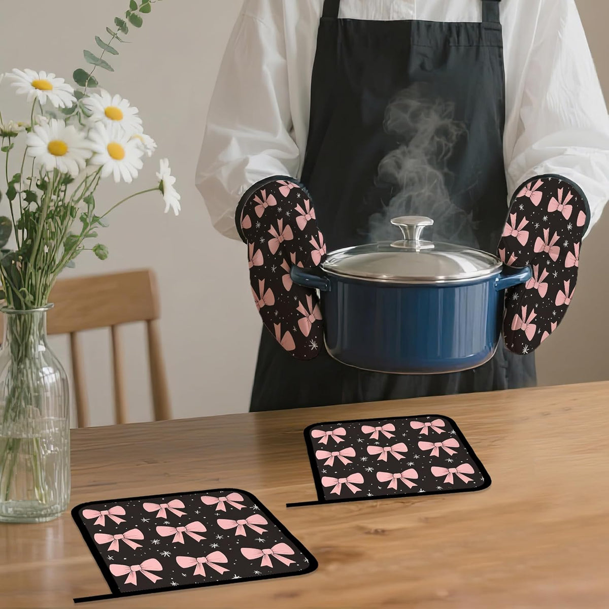 Cute Pink Bow Oven Mitts and Pot Holders,Heat Resistant Oven Mitts Gloves and Pot Holder for Home Kitchen Decorations Cooking Baking BBQ Gifts,Set of 4