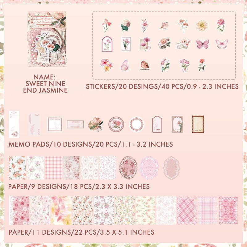 Scrapbook Supplies Kit – 100Pcs Vintage Floral Scrapbook Paper & Junk Journal Stickers, Journaling Supplies for Bullet Journaling, Retro Crafts, Mixed Media, Planner, Collage Card Album (Pink)