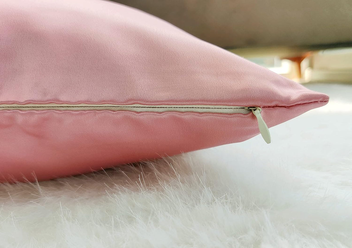 Heavy Quality Satin Throw Pillow Covers - Set of 2 - Light Pink 18x18 Decorative Pillow Cover - with Lining and Zipper Closure - Faux Silk Elegant Accent Pillows for Car Sofa - Covers Only