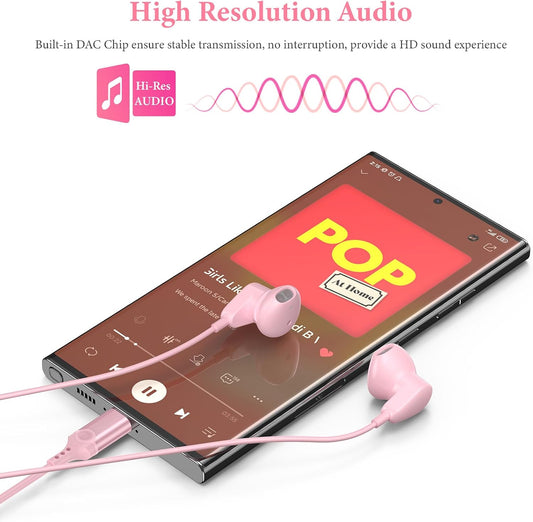 USB C Headphones for iPhone 17 16 15 Pro Max/iPad Air Earbuds Pink