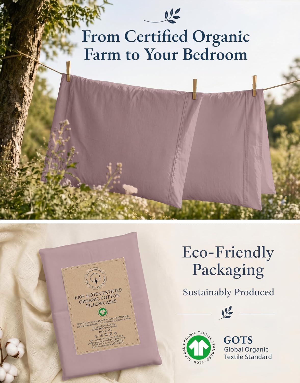 100% Organic Cotton King Size Pillow Cases Set of 2 (20"x36") - Certified Organic Cotton Pillowcases - King Pillow Cases Set of 2 - Pink Dusty Rose