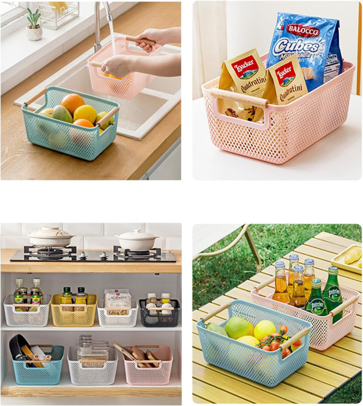 Metal Mesh Steel Basket, Medium Wire Storage Organizer Basket Multi-function Hanging Kitchen Basket with Wood Handle for Kitchen Bathroom Picnic Home, Rectangle-Pink