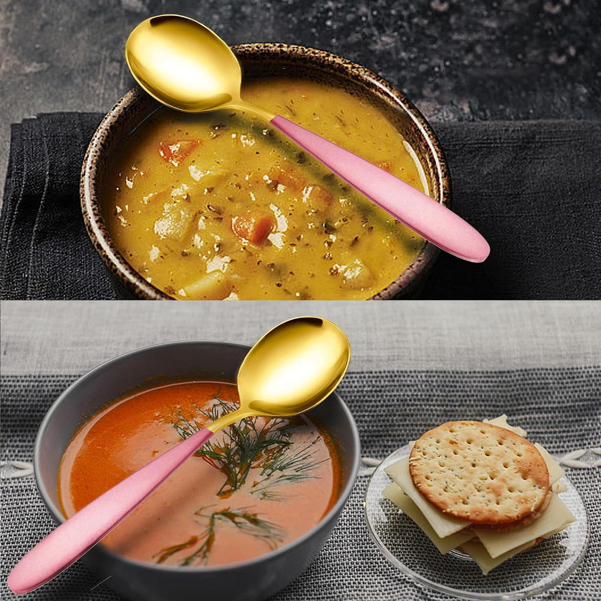 18/10 Stainless Steel Soup Spoons, 7.3-in Deep Round Soup Thick Pink Gold Gifted Spoons, Suitable for Cereal Bouillon Milk Soup Hot Chocolate Dinner Guest, Pack of 4