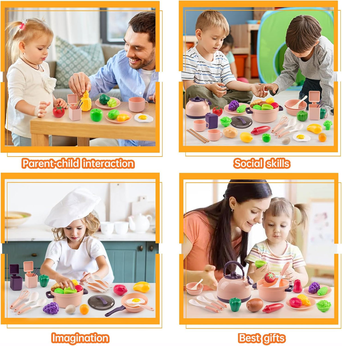 56-Piece Mini Play Kitchen Accessories for Kids Ages 3+, Pretend Cooking Playset with Cookware, Tableware & 2 Fruit Sets, Learning Gift for Girls and Boys, Pink