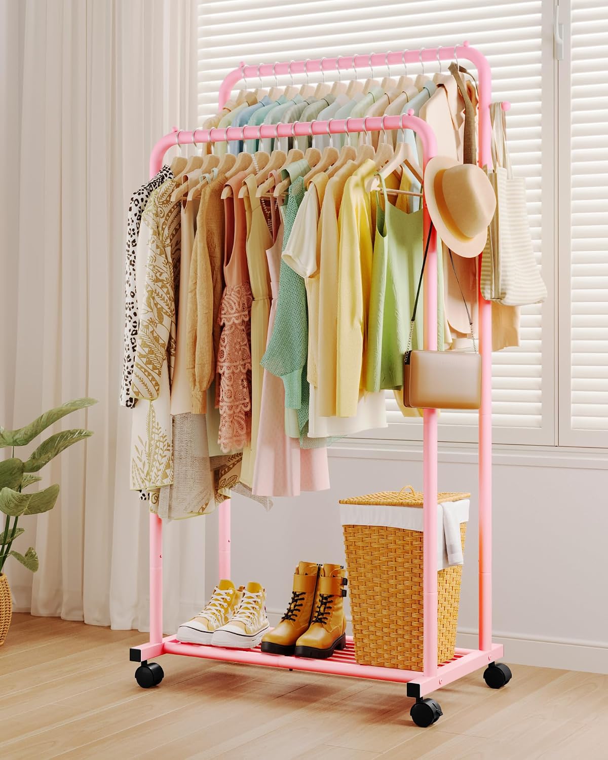 Double Rod Clothes Rack Mesh Shelf & Hooks, 28.7x16.5x59.1, Pink
