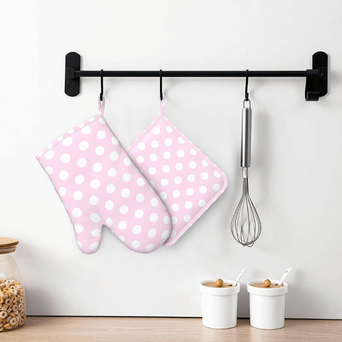 Light Pink Polka Dot Print A Oven Mitts and Pot Holders Sets - Heat Resistant Silicone Oven Mitts Pot Holders for Kitchen Cooking Baking, Non-Slip Ovens Gloves Hot Pads Potholders