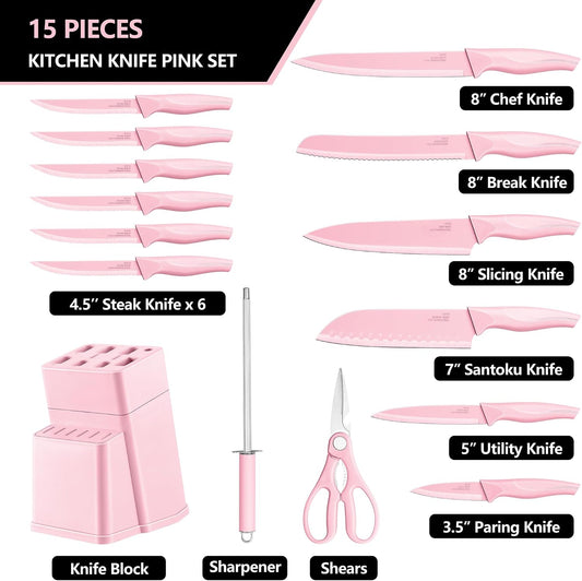Knife Set with Block, 15-Piece Pink Knife Block Set with Sharpener
