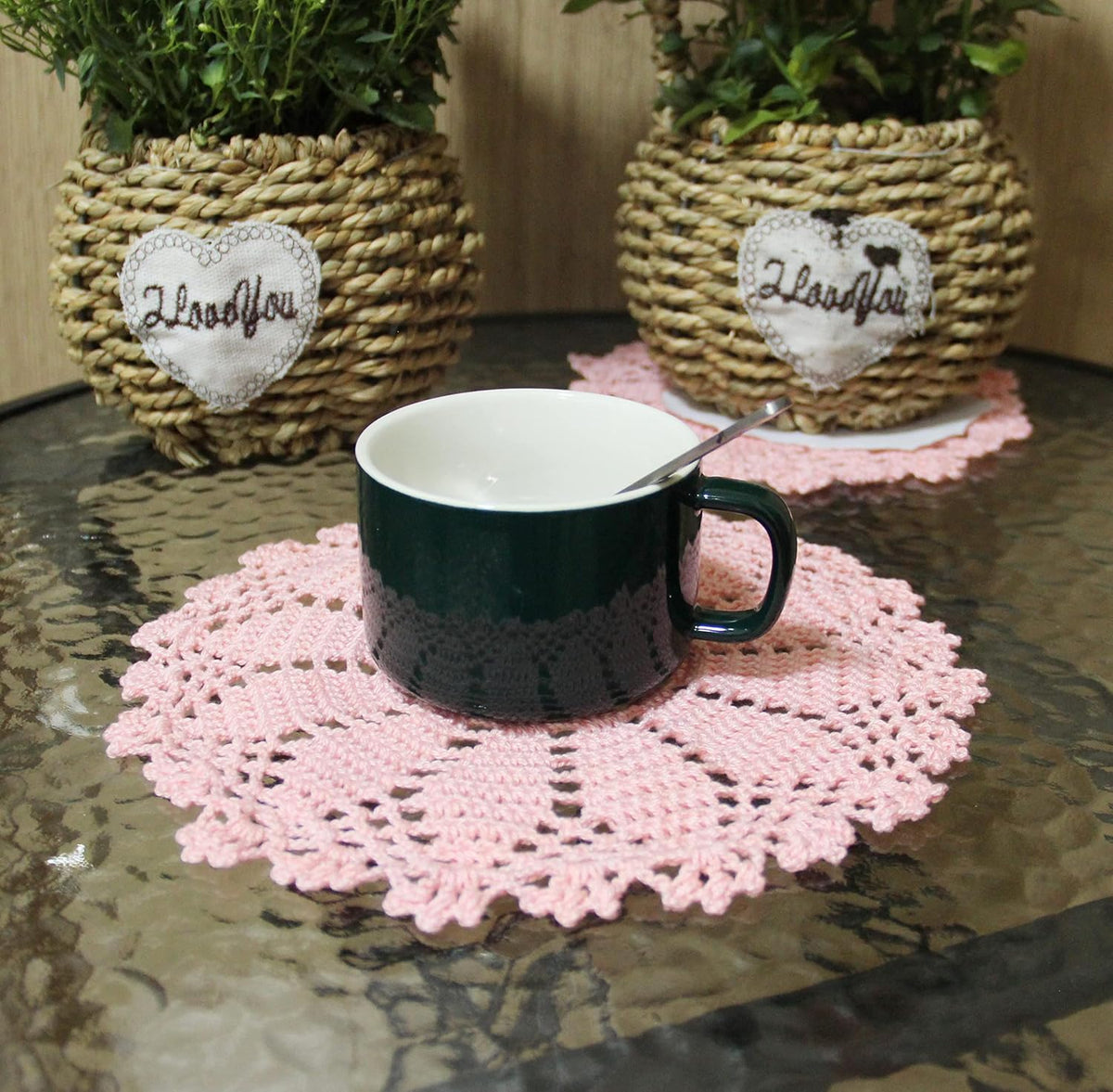 Anniversary Mother's Day 2 PCS 6" to 7.8" Lace Doilies Handmade Round Crochet Daisy Flower Coasters Table Placemats Vase Pads Mats (Pink)