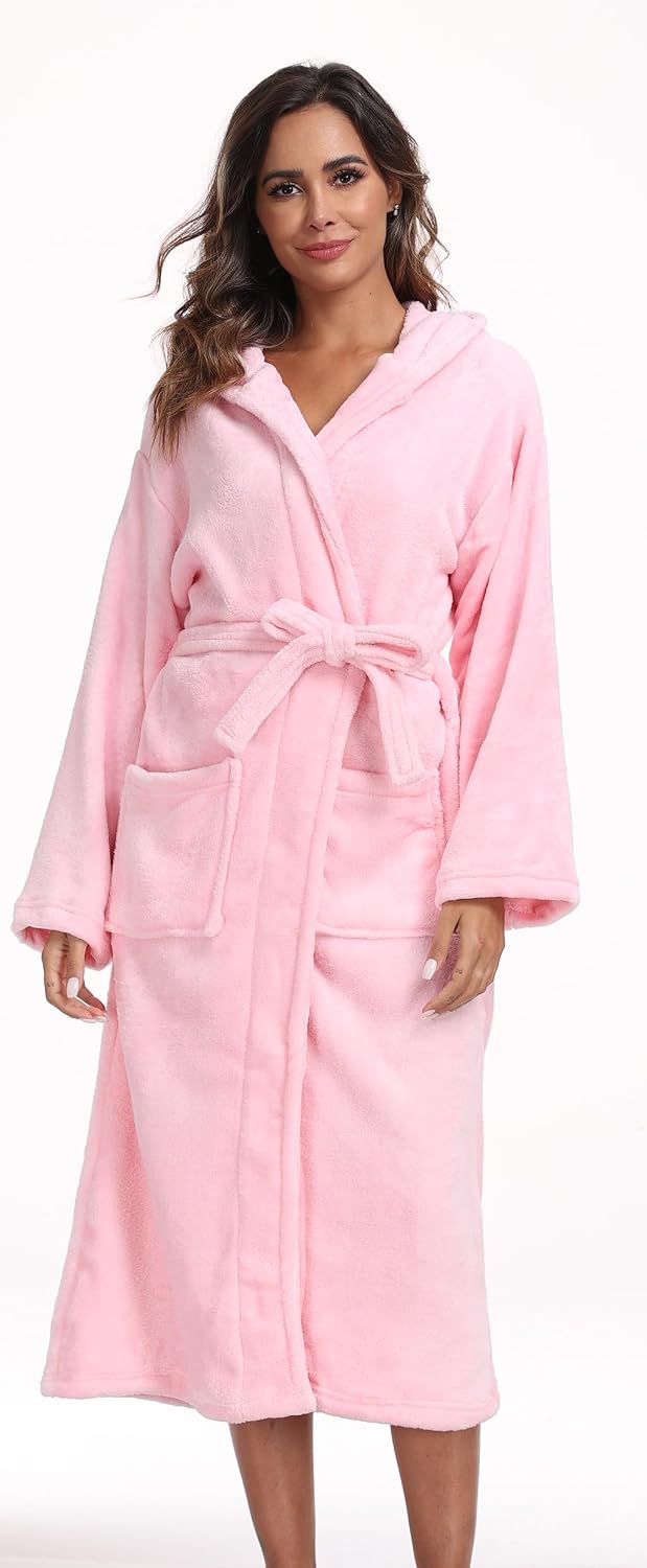 Womens Hooded Plush Bathrobe Warm Fleece Soft Long Robe Fuzzy Full Length Gown Shower Spa House Kimono for Women